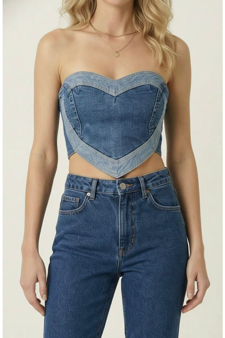 Strapless Denim Heart Shaped Panel Corset Top, Main, color, Medium-Wash Blue