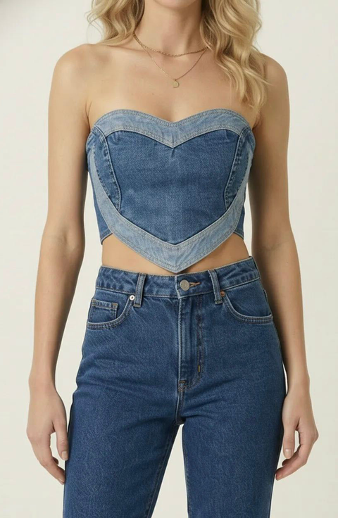 Strapless Denim Heart Shaped Panel Corset Top
