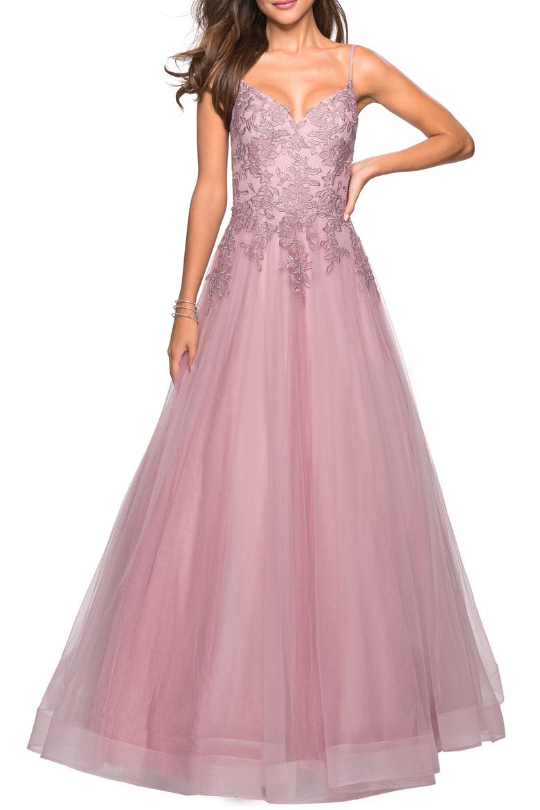 Lace & Tulle Flared Evening Gown, Main, color, MAUVE