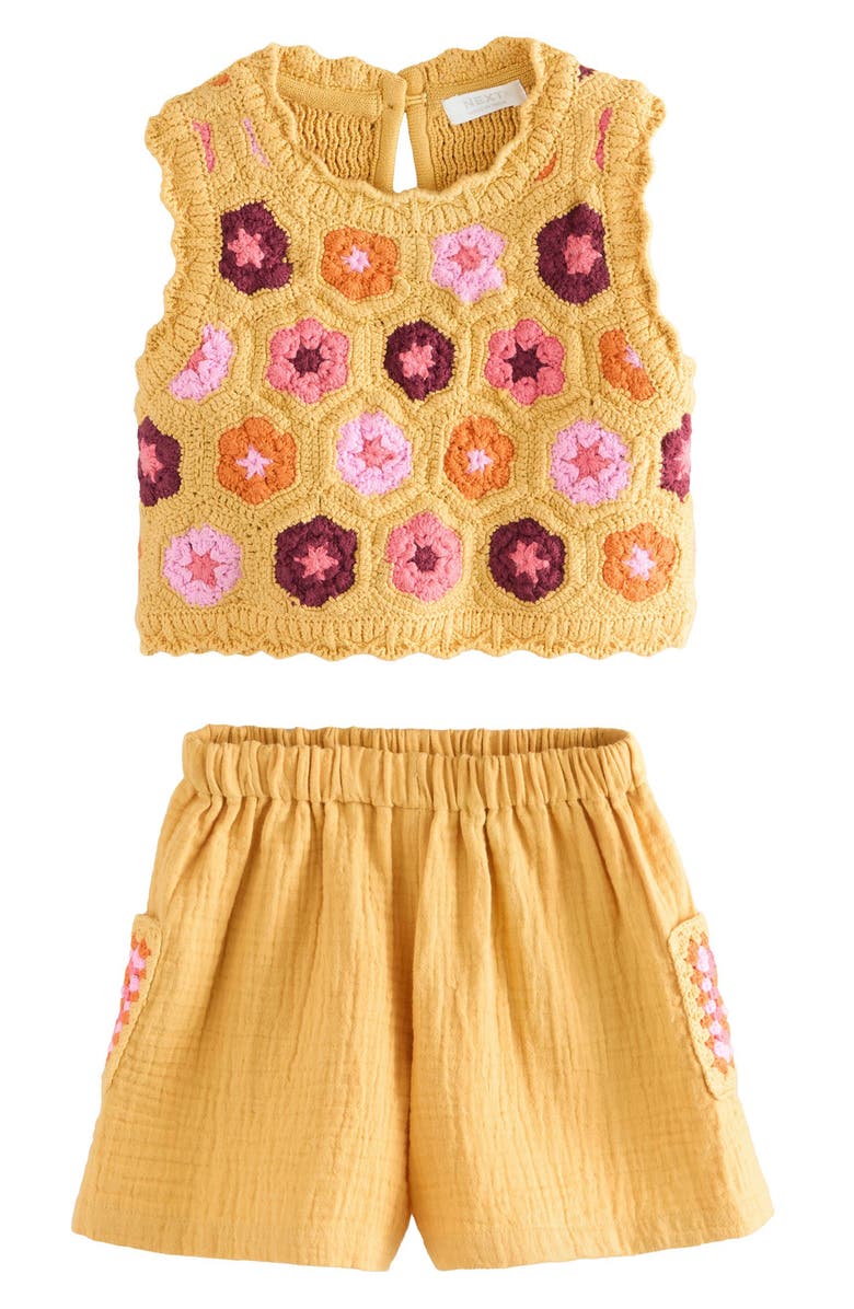 NEXT Kids' Floral Crochet Top & Cotton Gauze Shorts Set, Main, color, Yellow Multi