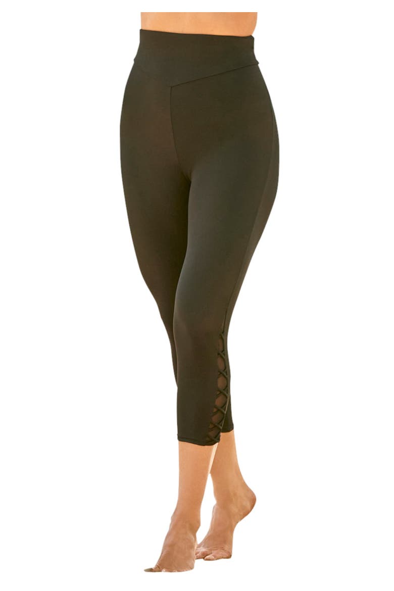 High Waisted Swim Capri With Lattice Detail, Main, color, BLACK