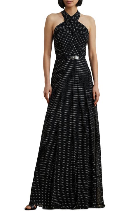 Polka Dot Belted Georgette Gown
