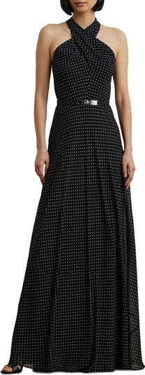 Lauren Ralph Lauren Polka Dot Belted Georgette Gown 