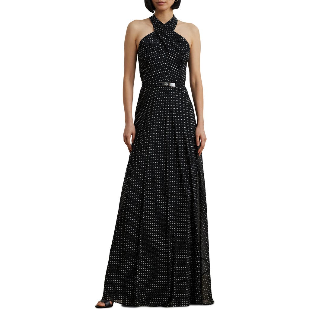 Ralph Lauren Lauren Polka Dot Belted Georgette Gown
