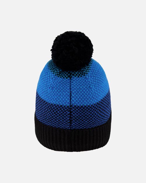 Deux Par Deux Winter Knit Hat With Pompom And Lining In Blue