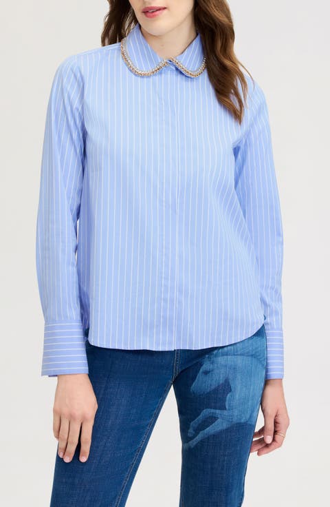 Embellished Collar Striped Button-Up Shirt