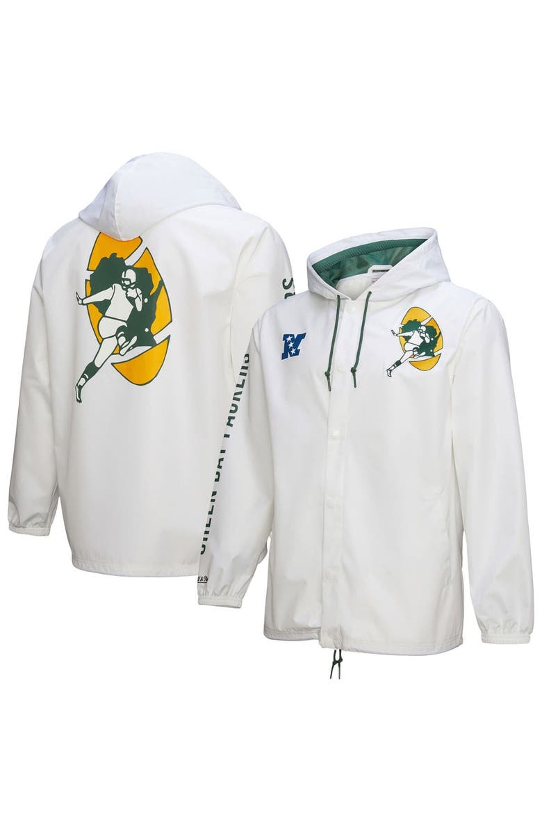 Mitchell & Ness Men's Mitchell & Ness  White Green Bay Packers Vintage Logo Coaches Full-Snap Hoodie Jacket, Alternate, color, 
