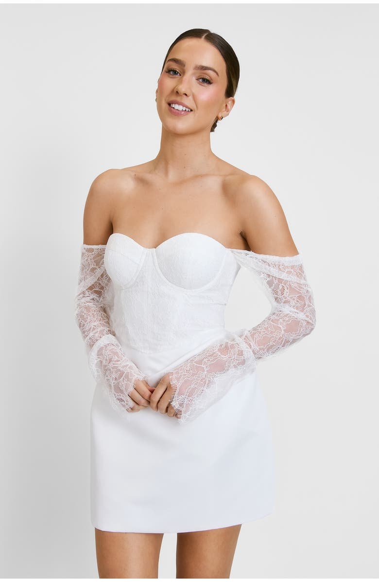 Six Stories Lace Bardot Mini Dress, Main, color, White