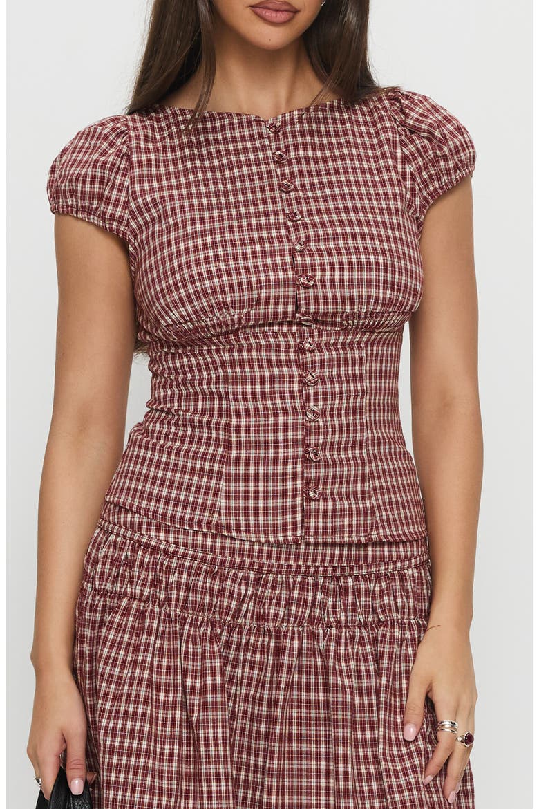 Alixandra Check Cap Sleeve Cotton Button-Up Top, Main, color, RED CHECK