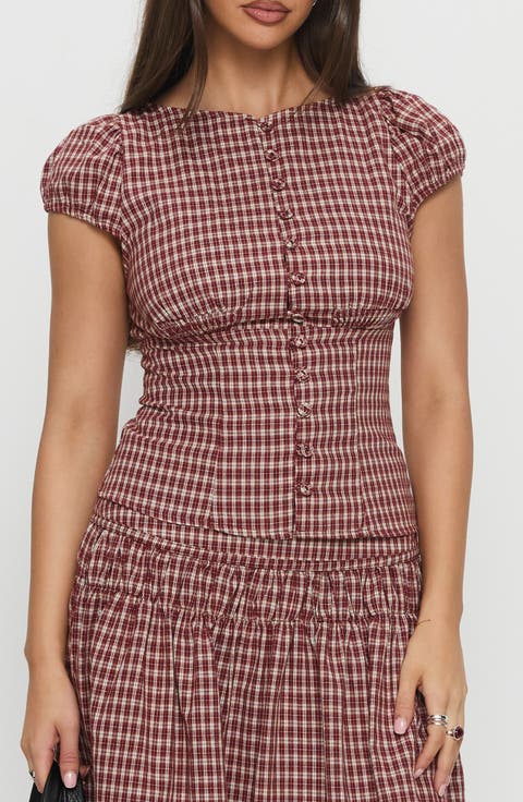 Alixandra Check Cap Sleeve Cotton Button-Up Top