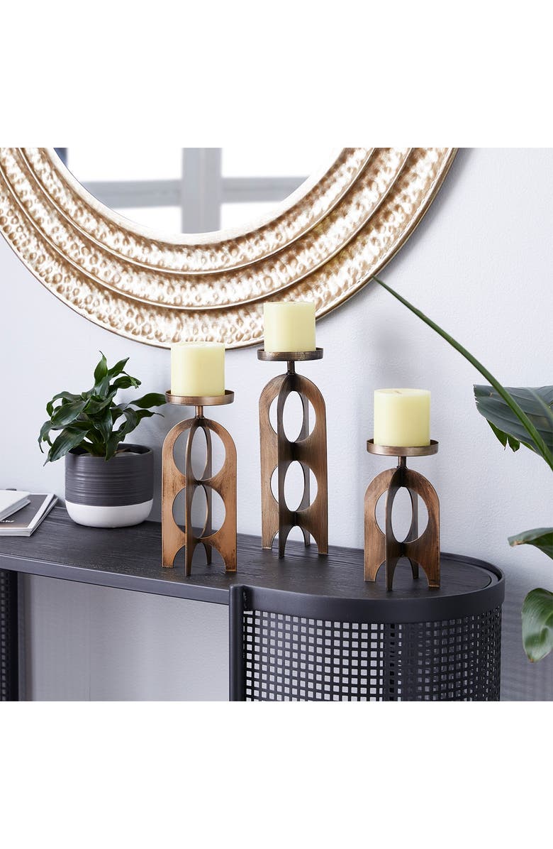 VIVIAN LUNE HOME Goldtone Metal Handmade Pillar Candle Holder - Set of 3, Main, color, Gold