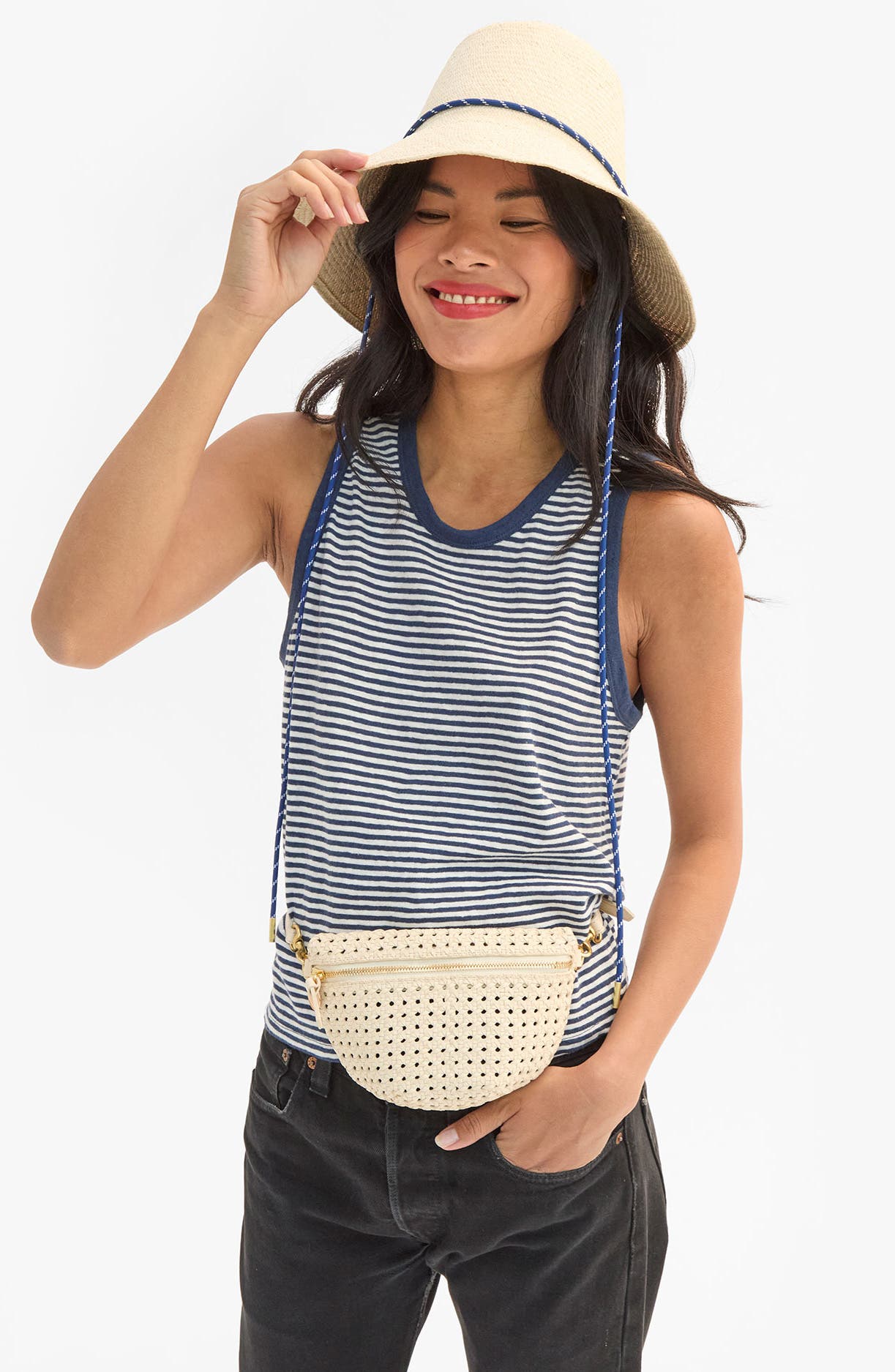 Petite Fanny Rattan Woven Leather Belt Bag, Alternate, color, CREAM