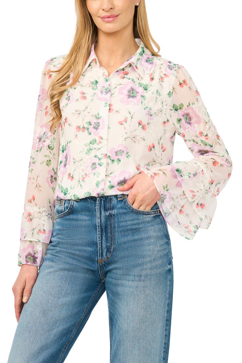 Floral Print Ruffle Cuff Shirt, Main, color, NEW IVORY