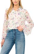 CeCe Floral Print Ruffle Cuff Shirt