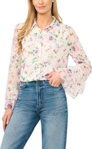 CeCe Floral Print Ruffle Cuff Shirt