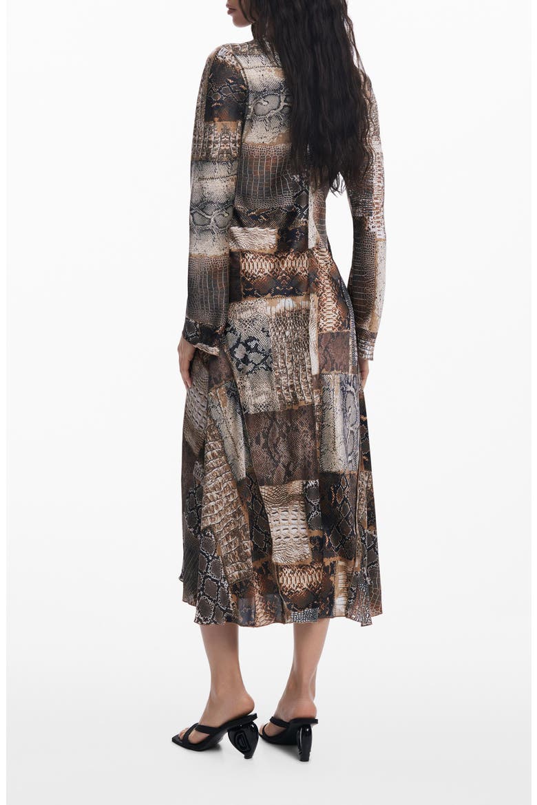 Snake Print Patchwork Long Sleeve Midi Dress, Alternate, color, BROWN