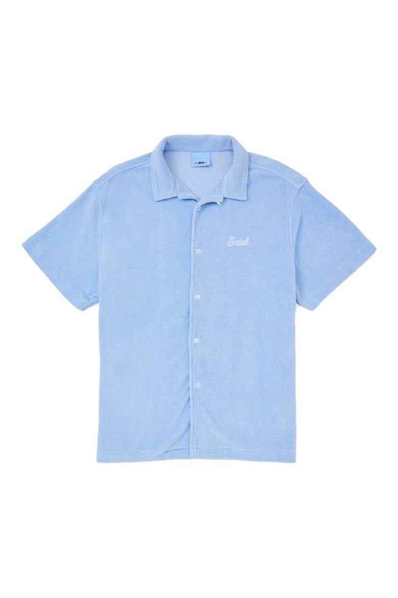 x Byrdie Terry Button-Up Shirt, Main, color, SKY BLUE