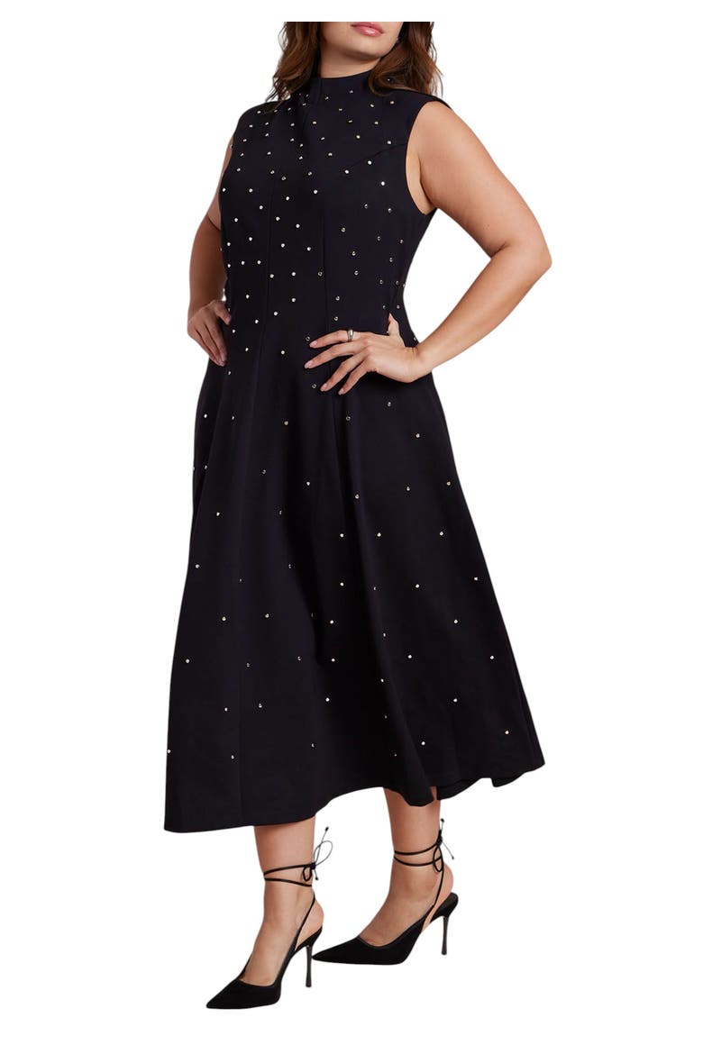 Stud Detail Ponte Midi Dress, Main, color, BLACK ONYX