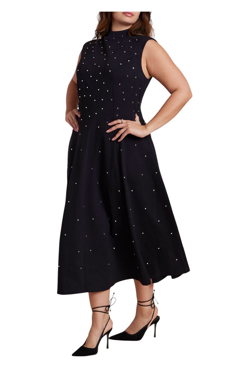 ELOQUII Stud Detail Ponte Midi Dress, Main, color, Black Onyx