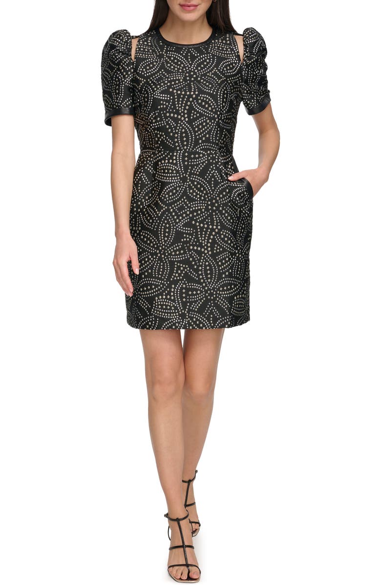 DKNY Stud Shoulder Cutout Puff Sleee Minidress, Main, color,