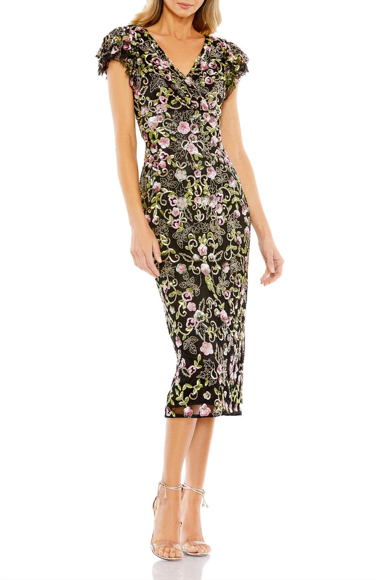 Mac Duggal Floral Embellished Flutter Cap Sleeve Dress, Main, color, Black Multi