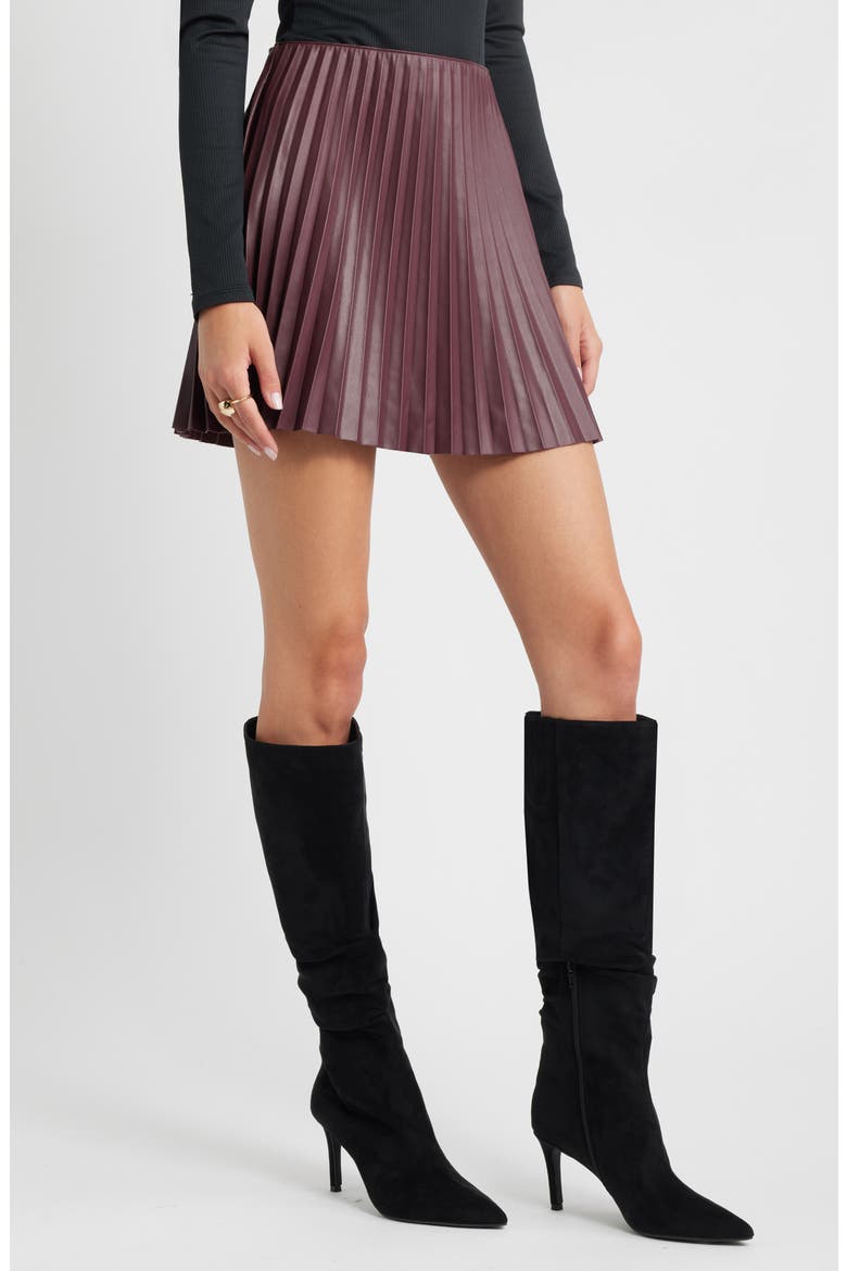 Pleated Faux Leather Miniskirt, Alternate, color, BURGUNDY FUDGE