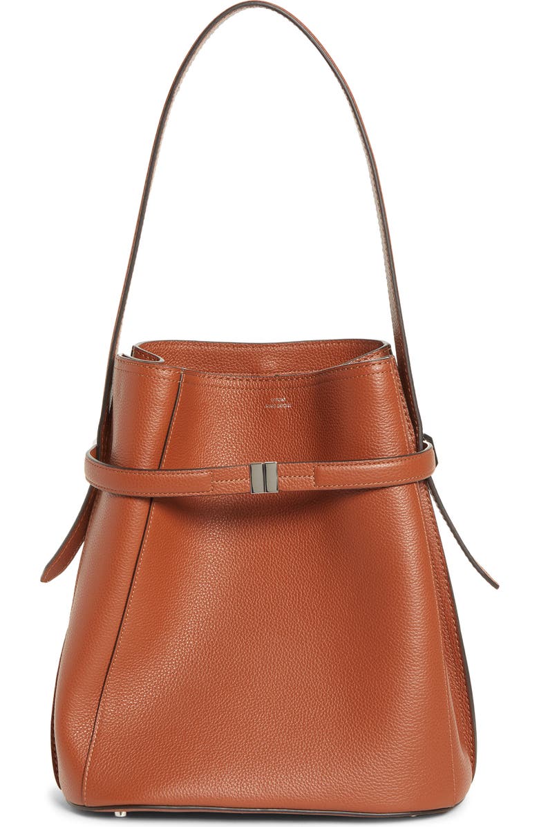 TOTEME Belted Grained Leather Bucket Bag, Main, color, Sienna