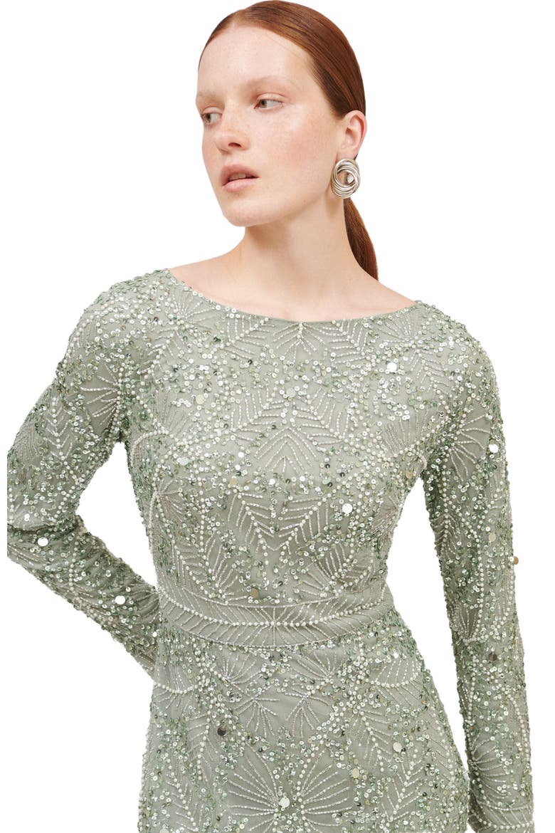 Occasion Modest Embellished Sequin Beaded A Line Evening Gown, Alternate, color, SAGE GREEN