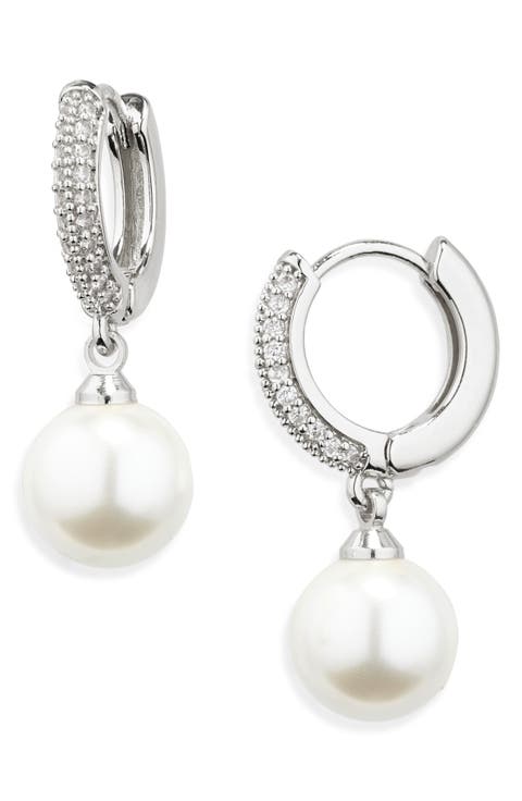 Pavé Cubic Zirconia Faux Pearl Drop Huggie Hoop Earrings