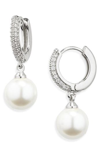 Nordstrom Rack Pavé Cubic Zirconia Faux Pearl Drop Huggie Hoop Earrings In Metallic