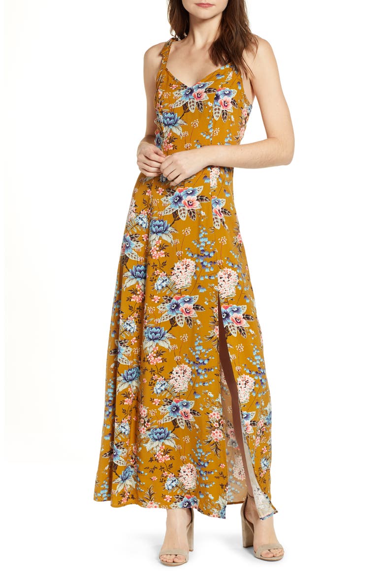 Floral Tie Strap Maxi Dress, Main, color, BROWN BRONZE KRISTA FLORAL