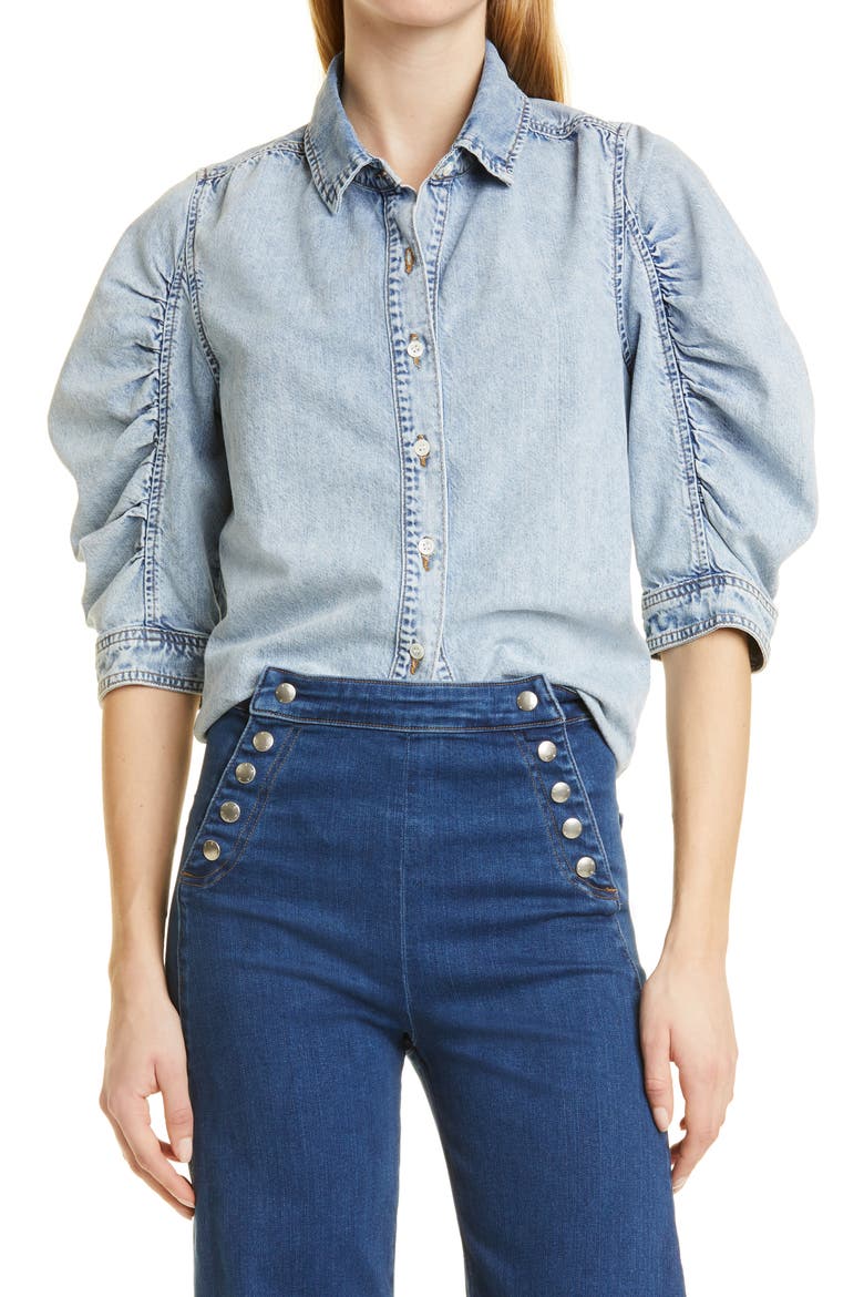 Puff Sleeve Denim Shirt, Main, color, CRESTHAVEN