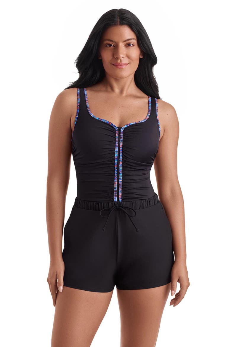 Shirred Zipper Runaround Chlorine Resistant One-Piece Swimsuit, Main, color, Marble Swirl
