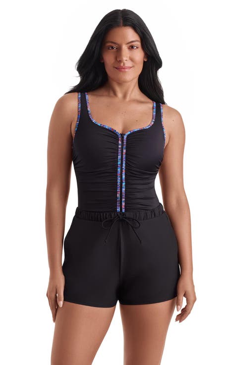 Shirred Zipper Runaround Chlorine Resistant One-Piece Swimsuit