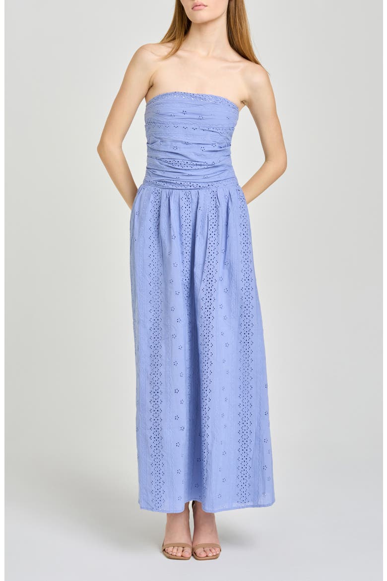 Pippa Gathered Eyelet Strapless Cotton Midi Dress, Main, color, CHAMBRAY