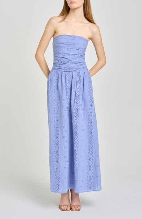 Pippa Gathered Eyelet Strapless Cotton Midi Dress