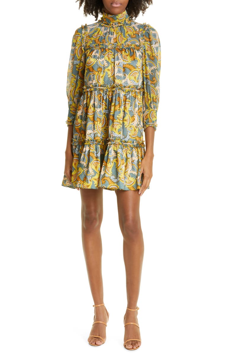 Cinq à Sept Brady Paisley Ruffle Tiered Babydoll Dress, Main, color, Eucalyptus Multi