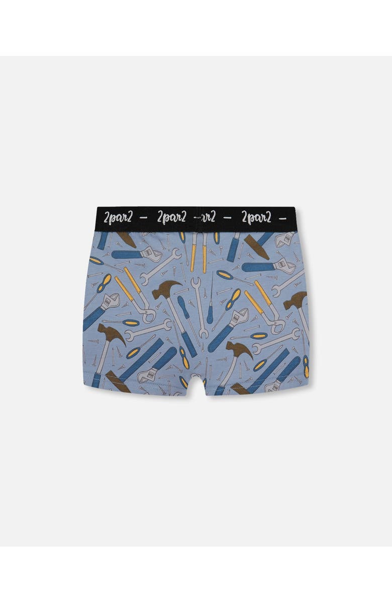 Deux par Deux Boy's Printed Organic Cotton Boxer Shorts Tools On Bluish Gray Background, Alternate, color, Tools On Bluish Gray