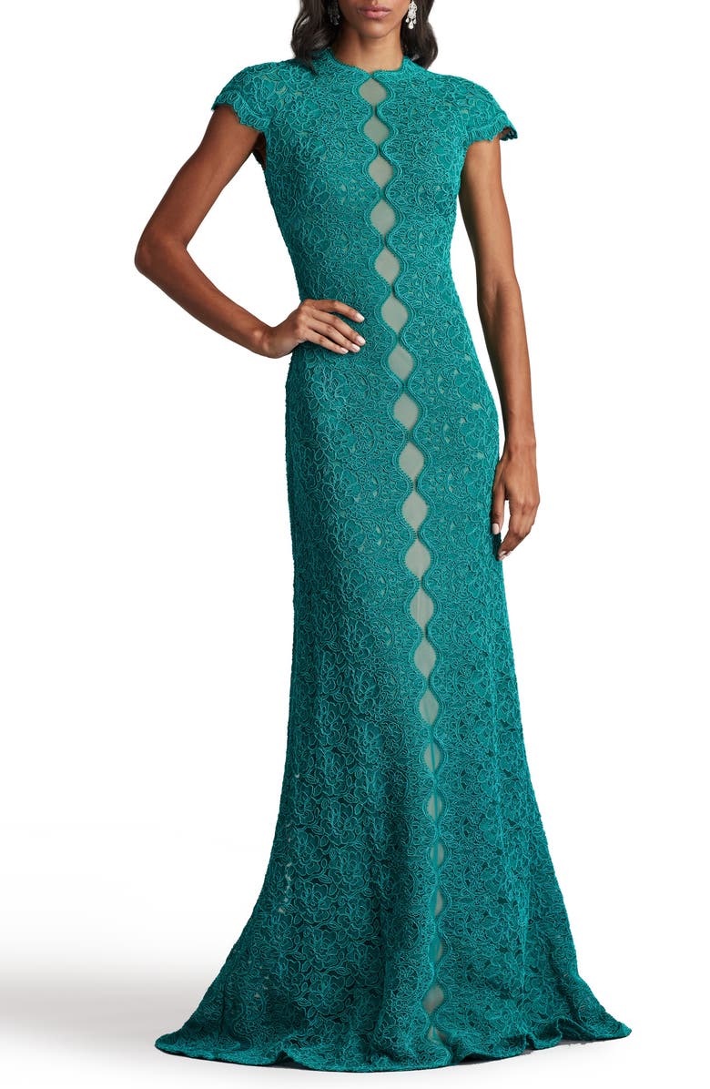 Tadashi Shoji Corded Lace Cap Sleeve Cotton Blend Gown, Alternate, color, Caribbean