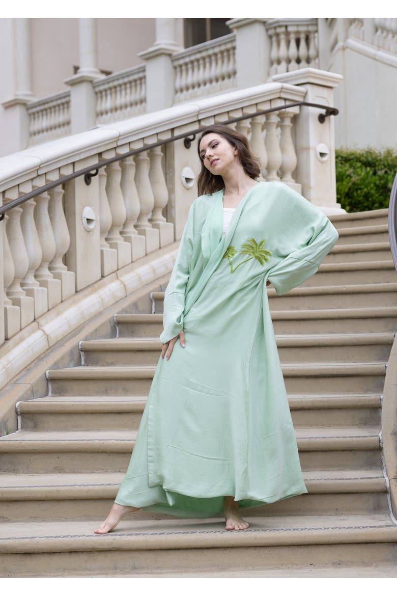 Palm Embroidered Silk Kaftan, Alternate, color, Green