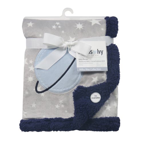 Lambs & Ivy Milky Way Stars And Planet Minky/faux Shearling Soft Baby Blanket In Gray
