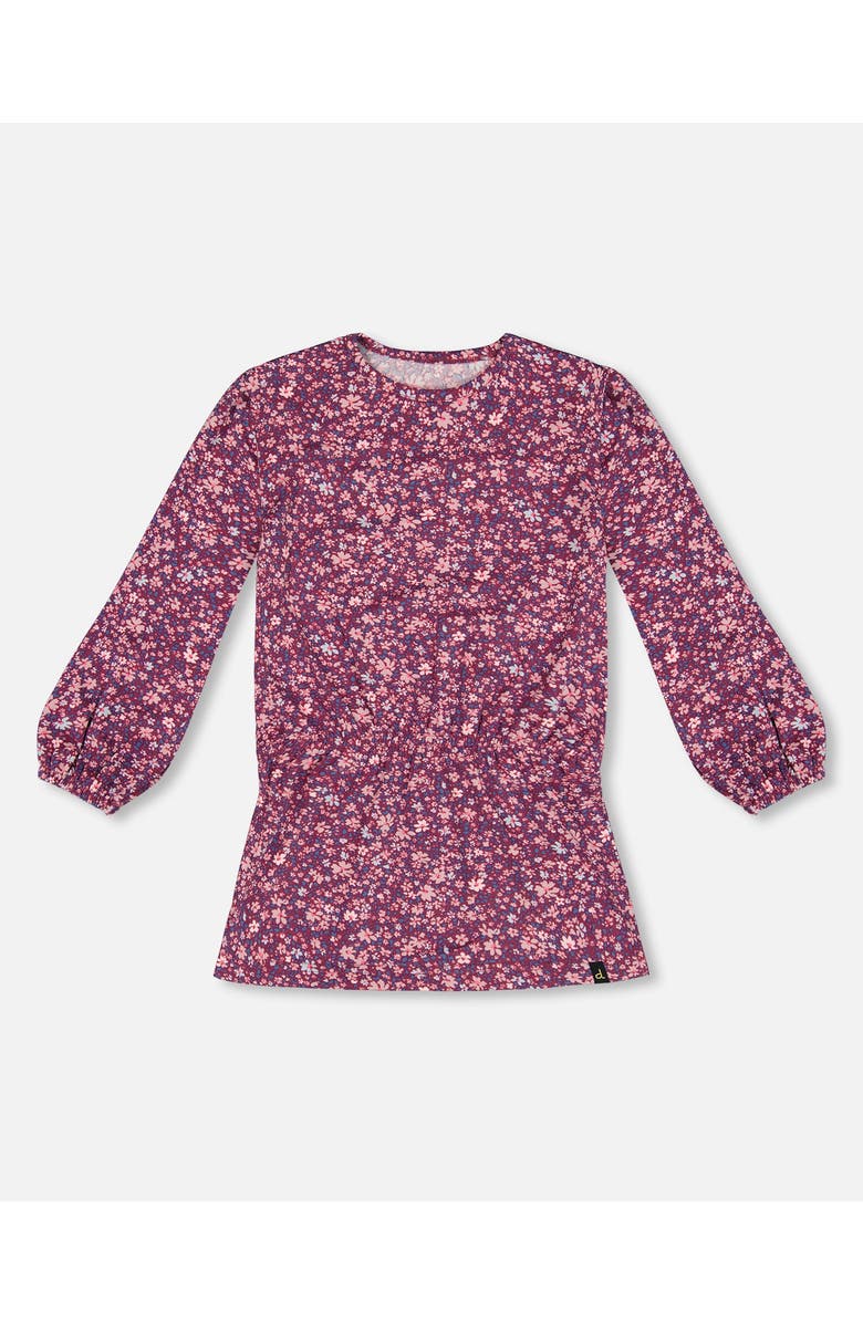 Deux par Deux Little Girl's Elastic Waist Tunic Burgundy Printed Little Flowers, Main, color, 