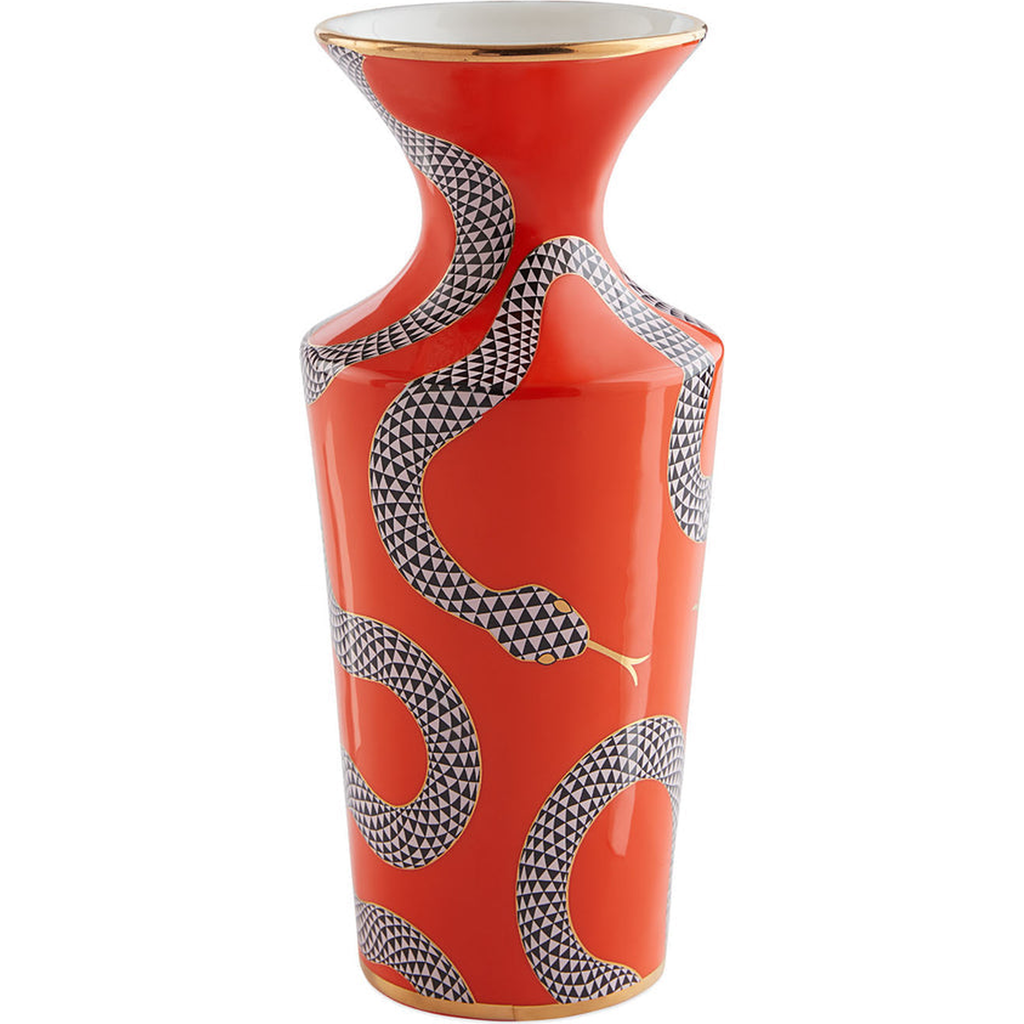 Jonathan Adler Eden Cuff Porcelain Vase In Red With Gold Accents