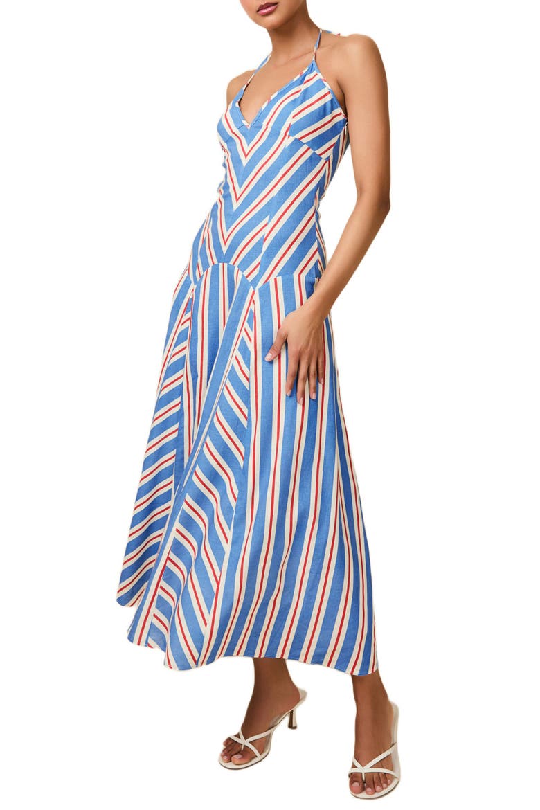 The Alessio Stripe Linen Blend Halter Dress, Alternate, color, AMERICANA STRIPE