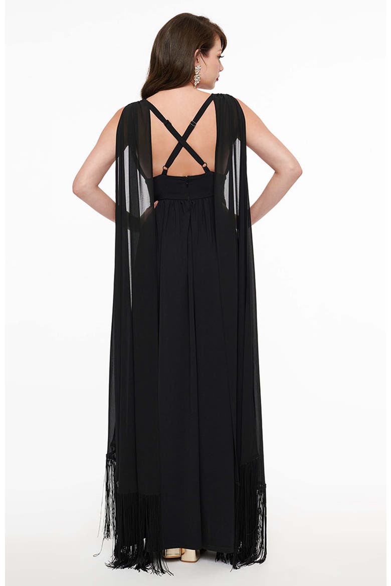 1970s Fringe Cape Maxi Dress, Alternate, color, Black