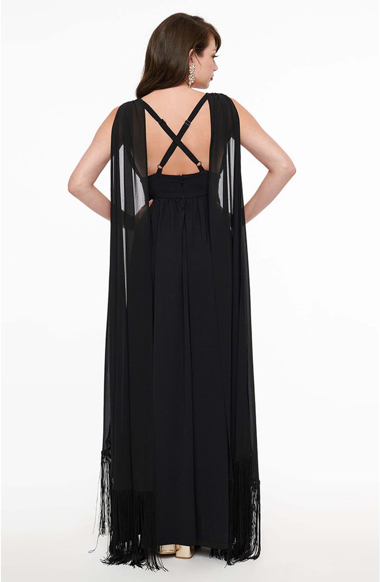 Smak Parlour 1970s Fringe Cape Maxi Dress, Alternate, color, Black