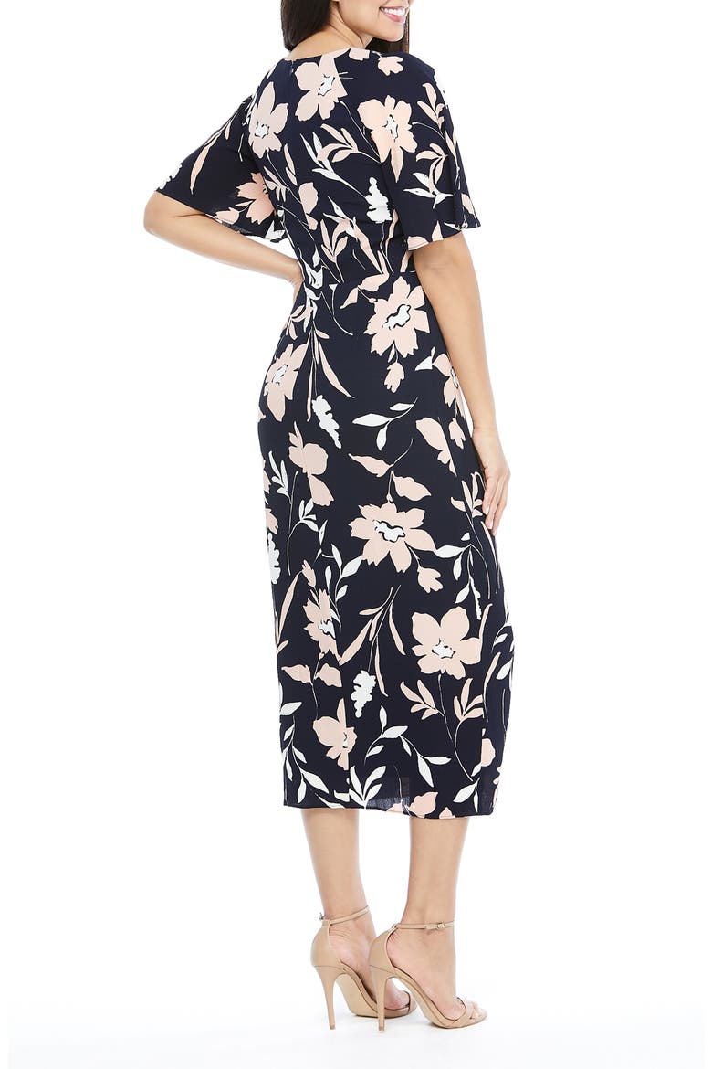 Floral Faux Wrap Crepe Midi Dress, Alternate, color, NAVY/ BLUSH