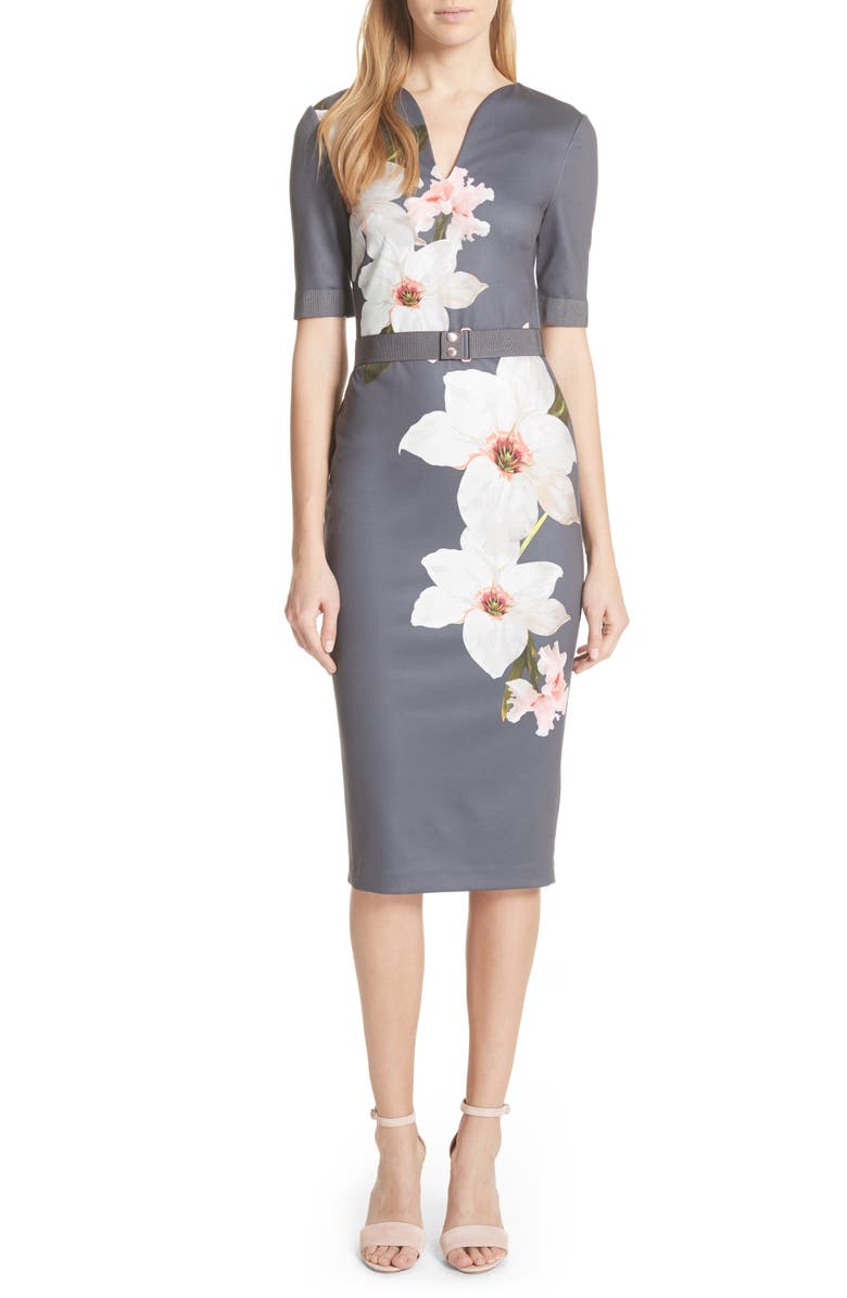 Ted Baker London Floral Print Belted Body-Con Dress, Main, color,