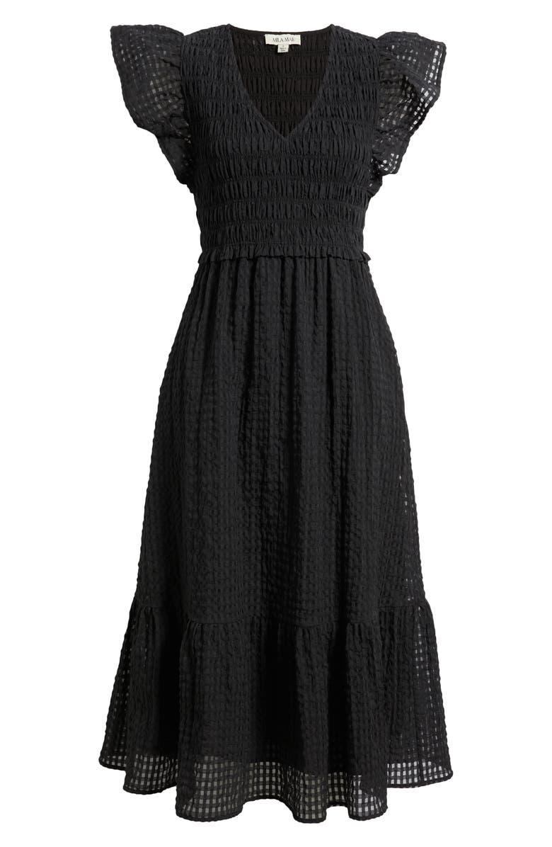 Mila Mae Ruffle Sleeve Textured Plaid Dress, Alternate, color, Black