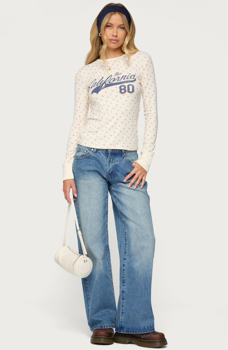 EDIKTED Cali Floral Rib Long Sleeve Top, Alternate, color, Cream